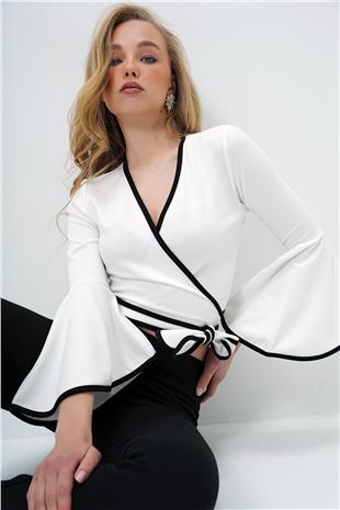Kadın Beyaz İspanyol Kol Biye Detaylı Bağlamlı Kruvaze Bluz ALC-X13893
