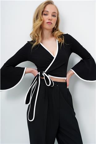Kadın Siyah İspanyol Kol Biye Detaylı Bağlamlı Kruvaze Bluz ALC-X13893