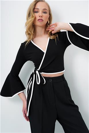 Kadın Siyah İspanyol Kol Biye Detaylı Bağlamlı Kruvaze Bluz ALC-X13893
