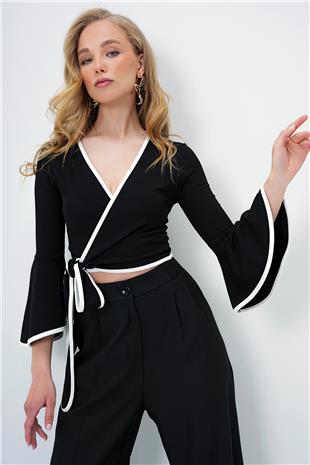 Kadın Siyah İspanyol Kol Biye Detaylı Bağlamlı Kruvaze Bluz ALC-X13893