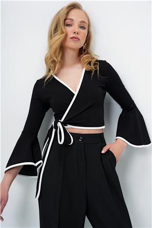 Kadın Siyah İspanyol Kol Biye Detaylı Bağlamlı Kruvaze Bluz ALC-X13893