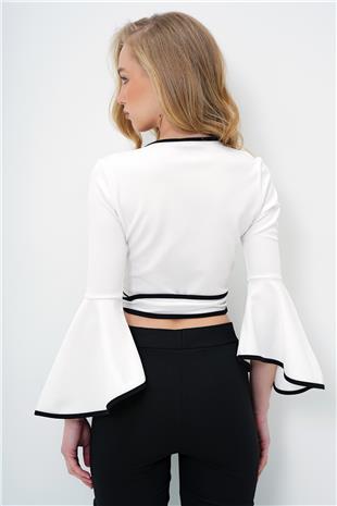 Kadın Beyaz İspanyol Kol Biye Detaylı Bağlamlı Kruvaze Bluz ALC-X13893