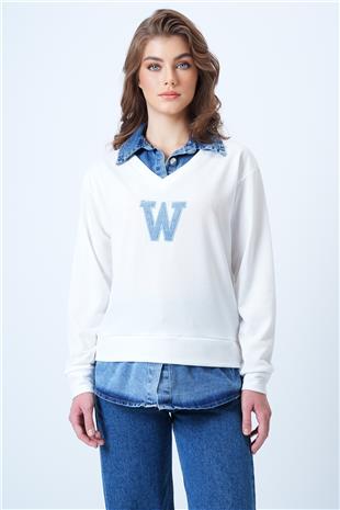 Kadın Beyaz Jean Gömlek Graneli Önü Nakışlı Sweatshirt VS01195