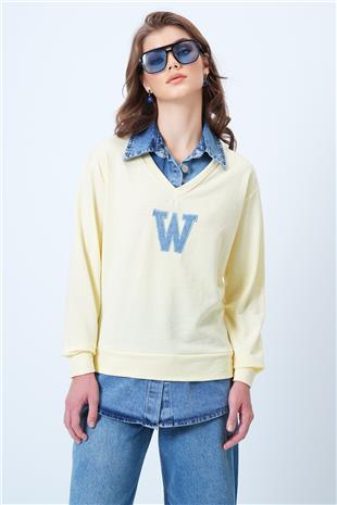 Kadın Tereyağı Sarısı Jean Gömlek Graneli Önü Nakışlı Sweatshirt VS01195