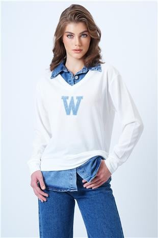 Kadın Beyaz Jean Gömlek Graneli Önü Nakışlı Sweatshirt VS01195