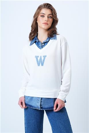 Kadın Beyaz Jean Gömlek Graneli Önü Nakışlı Sweatshirt VS01195