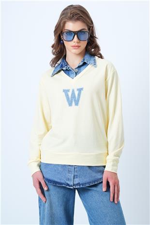 Kadın Tereyağı Sarısı Jean Gömlek Graneli Önü Nakışlı Sweatshirt VS01195