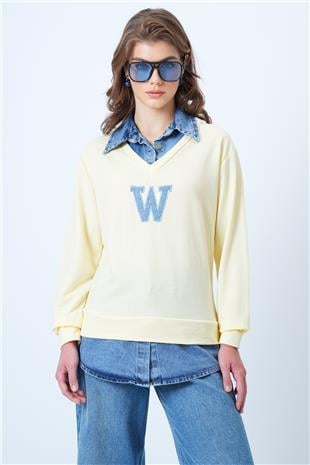Kadın Tereyağı Sarısı Jean Gömlek Graneli Önü Nakışlı Sweatshirt VS01195