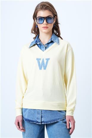 Kadın Tereyağı Sarısı Jean Gömlek Graneli Önü Nakışlı Sweatshirt VS01195