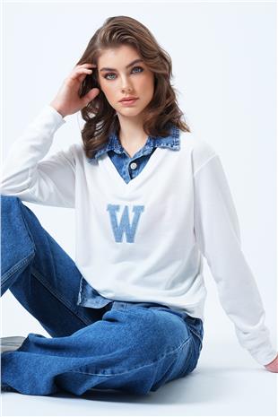 Kadın Beyaz Jean Gömlek Graneli Önü Nakışlı Sweatshirt VS01195