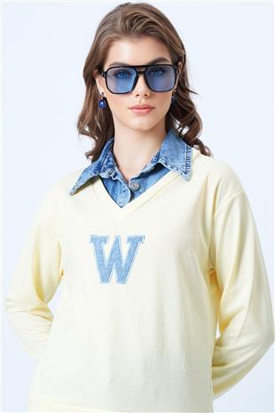 Kadın Tereyağı Sarısı Jean Gömlek Graneli Önü Nakışlı Sweatshirt VS01195