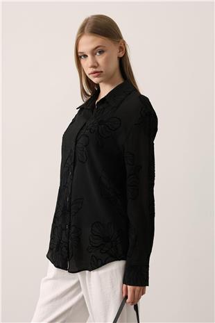 Kadın Siyah Kabartma Çiçek Desenli Dokulu Uzun Kollu Gömlek VS01151