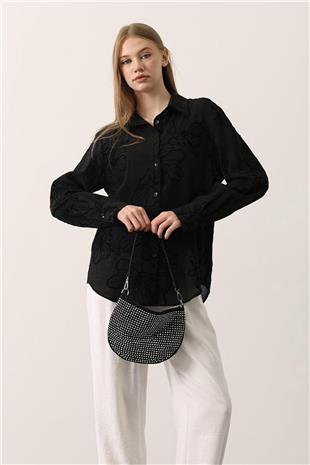 Kadın Siyah Kabartma Çiçek Desenli Dokulu Uzun Kollu Gömlek VS01151