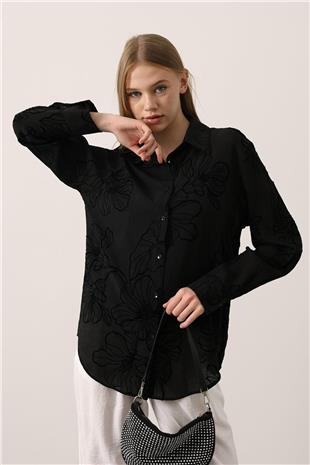 Kadın Siyah Kabartma Çiçek Desenli Dokulu Uzun Kollu Gömlek VS01151