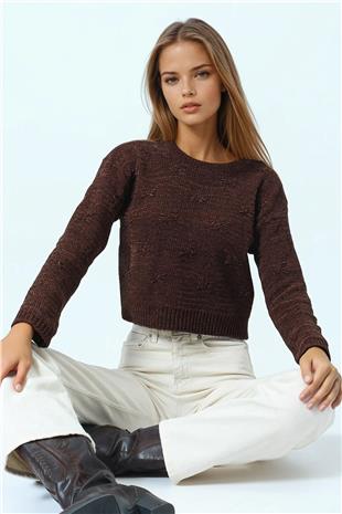 Kadın Kahverengi Kabartma Desenli Bisiklet Yaka Uzun Kollu Triko Kazak VS01051