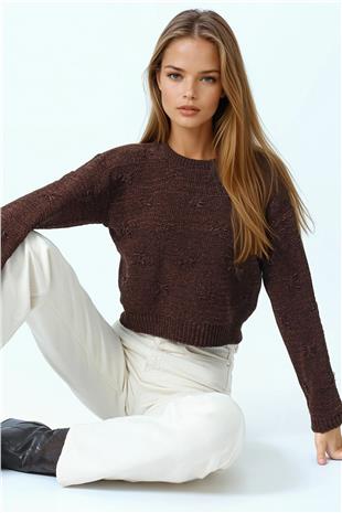 Kadın Kahverengi Kabartma Desenli Bisiklet Yaka Uzun Kollu Triko Kazak VS01051