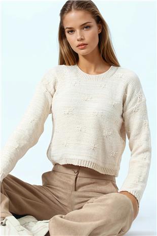 Kadın Bej Kabartma Desenli Bisiklet Yaka Uzun Kollu Triko Kazak VS01051