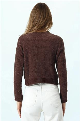 Kadın Kahverengi Kabartma Desenli Bisiklet Yaka Uzun Kollu Triko Kazak VS01051