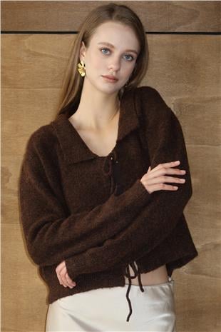 Kadın ACI KAHVE Bağlama Detaylı Polo Yaka Triko Hırka VS01429