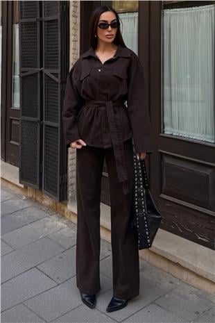 Kadın ACI KAHVE Bağlamalı Gömlek ve 5 Cepli Palazzo Pantolon Denim Takım VS01637
