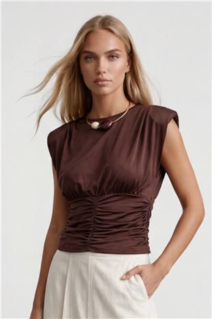 Kadın Acı Kahve Bisiklet Yaka Drape Detaylı Vatkalı Sandy Bluz Alc-X15485