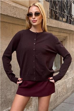 Kadın ACI KAHVE Bisiklet Yaka Düğmeli Triko Hırka VS01640