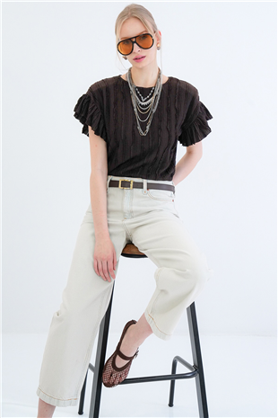 Kadın Acı Kahve Bisiklet Yaka Kolları Fırfırlı Örme Bluz Alc-X15401