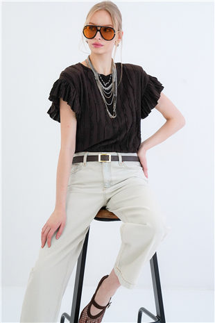 Kadın Acı Kahve Bisiklet Yaka Kolları Fırfırlı Örme Bluz Alc-X15401