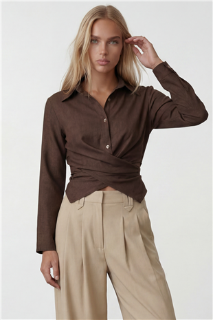 Kadın Acı Kahve Çapraz Bağlama Detaylı Sofia Keten Gömlek Alc-X15471