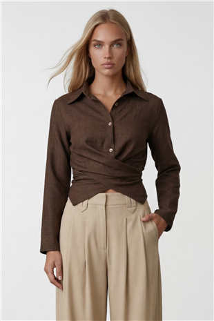 Kadın Acı Kahve Çapraz Bağlama Detaylı Sofia Keten Gömlek Alc-X15471