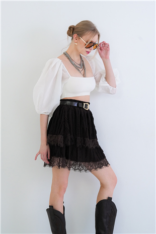 Kadın Acı Kahve Deri Kemerli Dantelli Kat Kat Volanlı Mini Etek Alc-X15428