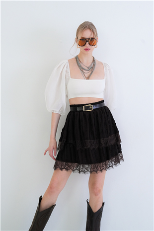 Kadın Acı Kahve Deri Kemerli Dantelli Kat Kat Volanlı Mini Etek Alc-X15428