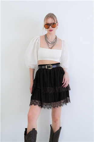 Kadın Acı Kahve Deri Kemerli Dantelli Kat Kat Volanlı Mini Etek Alc-X15428