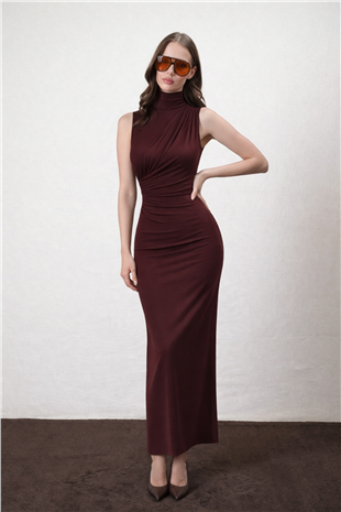 Kadın Acı Kahve Dik Yaka Drape Detaylı Yırtmaçlı Sandy Elbise Alc-X15244