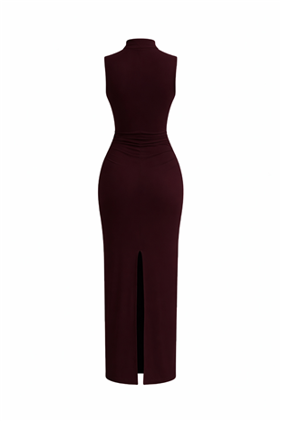 Kadın Acı Kahve Dik Yaka Drape Detaylı Yırtmaçlı Sandy Elbise Alc-X15244