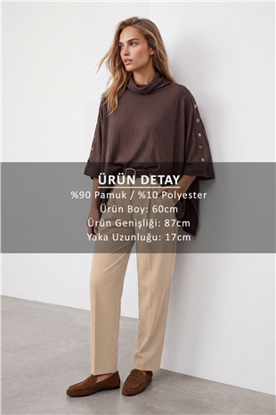 Kadın Acı Kahve Dik Yaka Düğme Detaylı Örme Panço Bluz Alc-X15866