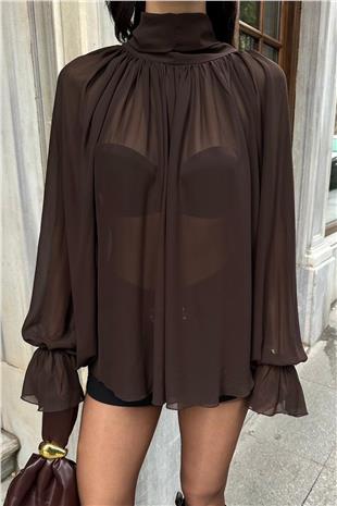 Kadın Acı Kahve Dik Yaka Pelerin Kesim Prenses Kol Şifon Bluz Alc-X14853