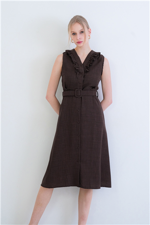 Kadın Acı Kahve Düğmeli Önü Fırfır Detaylı Kendindn Kemerli Keten Dokuma Elbise Alc-X15330