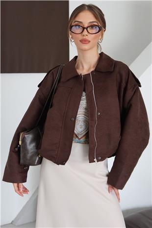 Kadın ACI KAHVE Fermuar Kapamalı Kemer Detaylı Ceket VS01479