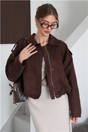 Kadın ACI KAHVE Fermuar Kapamalı Kemer Detaylı Ceket VS01479