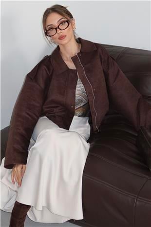 Kadın ACI KAHVE Fermuar Kapamalı Kemer Detaylı Ceket VS01479