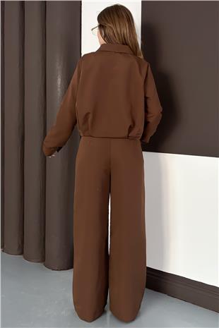 Kadın Acı Kahve Fermuar Kapamalı Astarlı Ceket Bol Paça Pantolon Takım VS01564