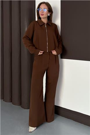 Kadın Acı Kahve Fermuar Kapamalı Astarlı Ceket Bol Paça Pantolon Takım VS01564