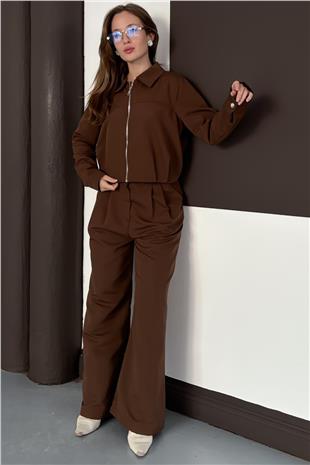 Kadın Acı Kahve Fermuar Kapamalı Astarlı Ceket Bol Paça Pantolon Takım VS01564