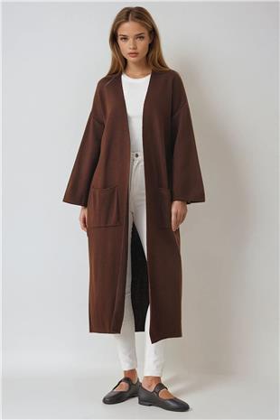 Kadın ACI KAHVE Geniş Kol Çift Cepli Uzun Triko Hırka VS01436