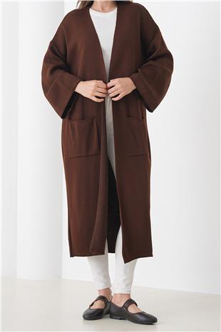 Kadın ACI KAHVE Geniş Kol Çift Cepli Uzun Triko Hırka VS01436