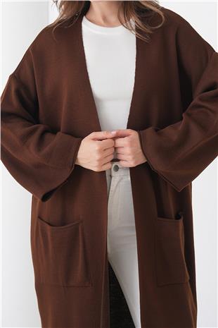 Kadın ACI KAHVE Geniş Kol Çift Cepli Uzun Triko Hırka VS01436