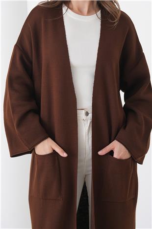 Kadın ACI KAHVE Geniş Kol Çift Cepli Uzun Triko Hırka VS01436