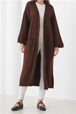 Kadın ACI KAHVE Geniş Kol Çift Cepli Uzun Triko Hırka VS01436