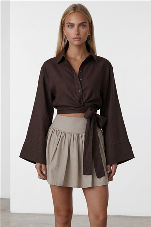Kadın Acı Kahve Geniş Manşetli Kol Detaylı Önü Bağlamalı Keten Gömlek Alc-X15424